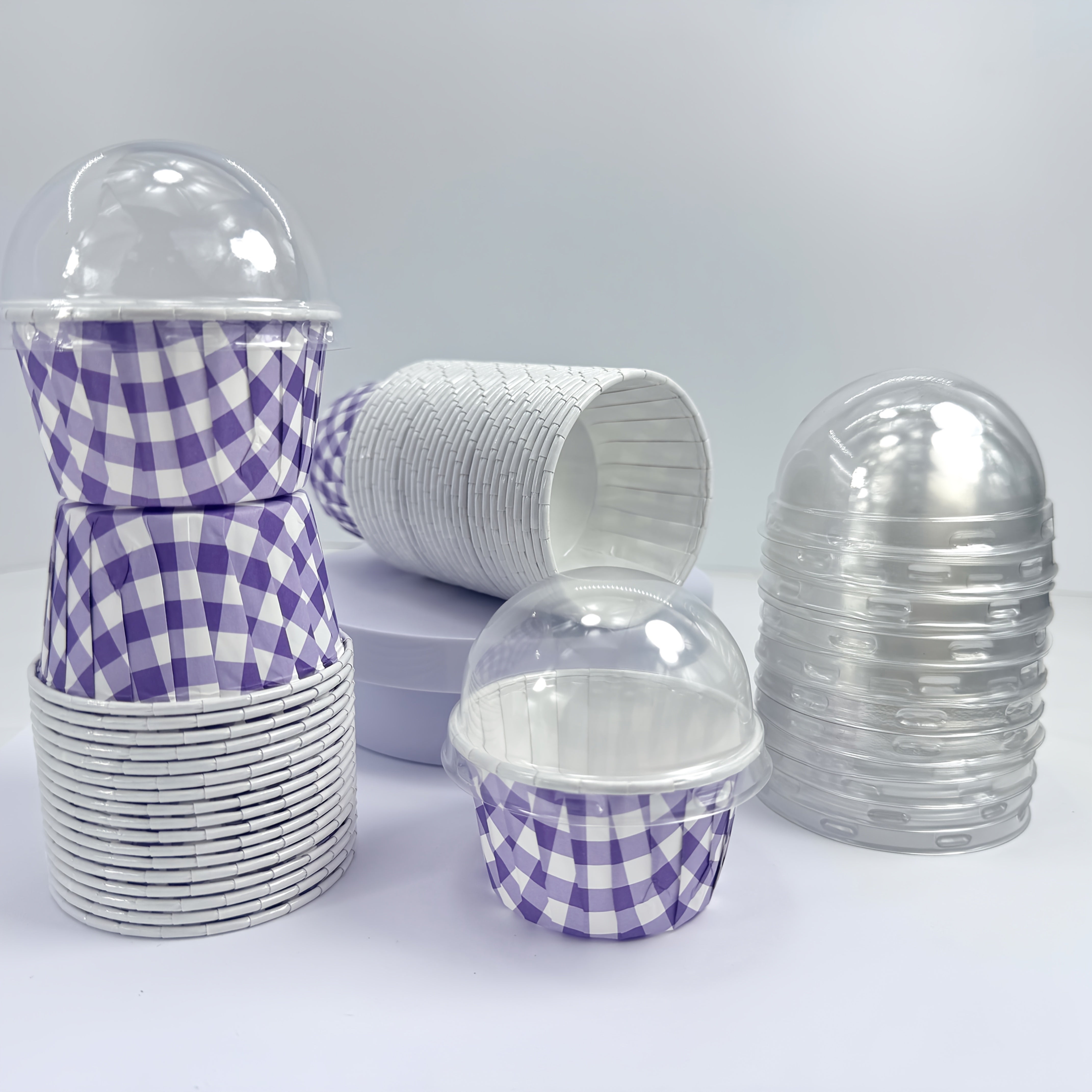 Pack of 48 Checkered Cake Cups - Available in 6 Colors, Coated and Oil-proof Thickened with or without Lid - Suitable for Weddings, Pies, Picnics and Dessert Shows