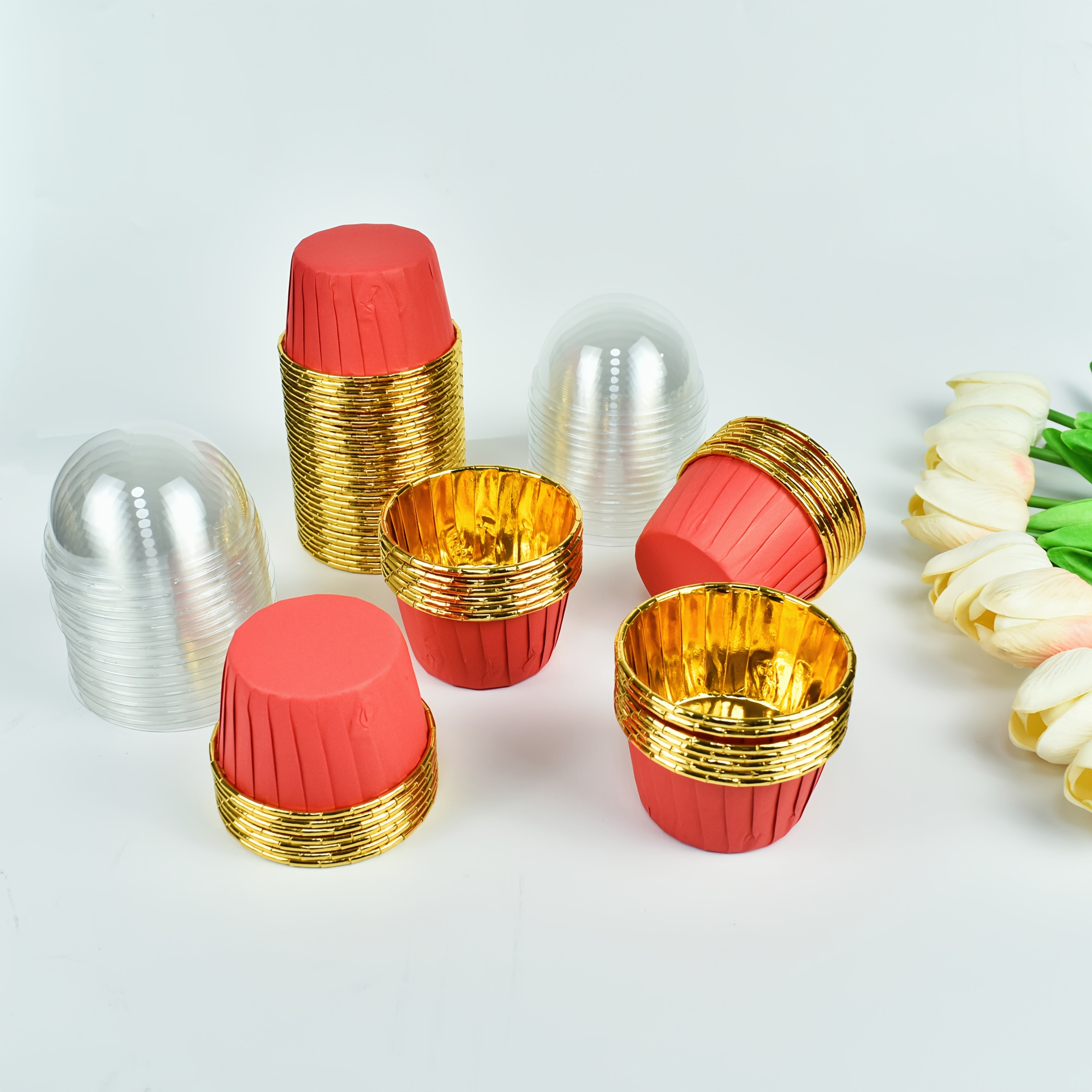 (50 cake cups or 50 cake cups + 50 lids) - Heat-resistant disposable fashion baking cups - elegant, non-stick, dessert decoration, holiday, oven, suitable for weddings and Valentine's Day, Easter, Thanksgiving, Hanukkah, Mother's Day