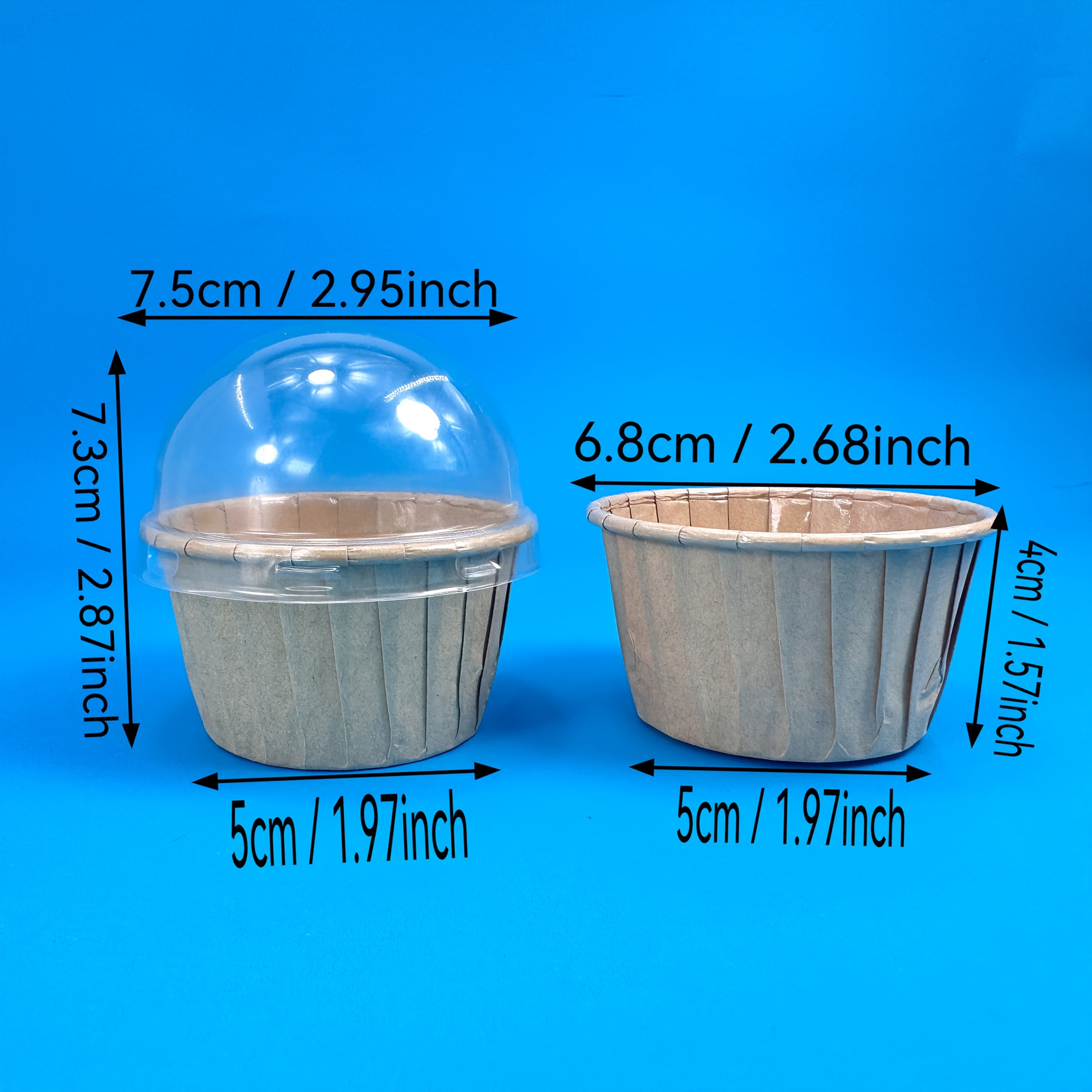 Pack of 50 Laminated Cake Cups (Available with or without Lid) - Oil and Waterproof Disposable Muffin Cups for Cakes, Desserts, Ice Cream, Snacks, Salads, Nuts, Popcorn, Candies and Party Snacks - Oven and Microwave Available, White & Kraft Paper