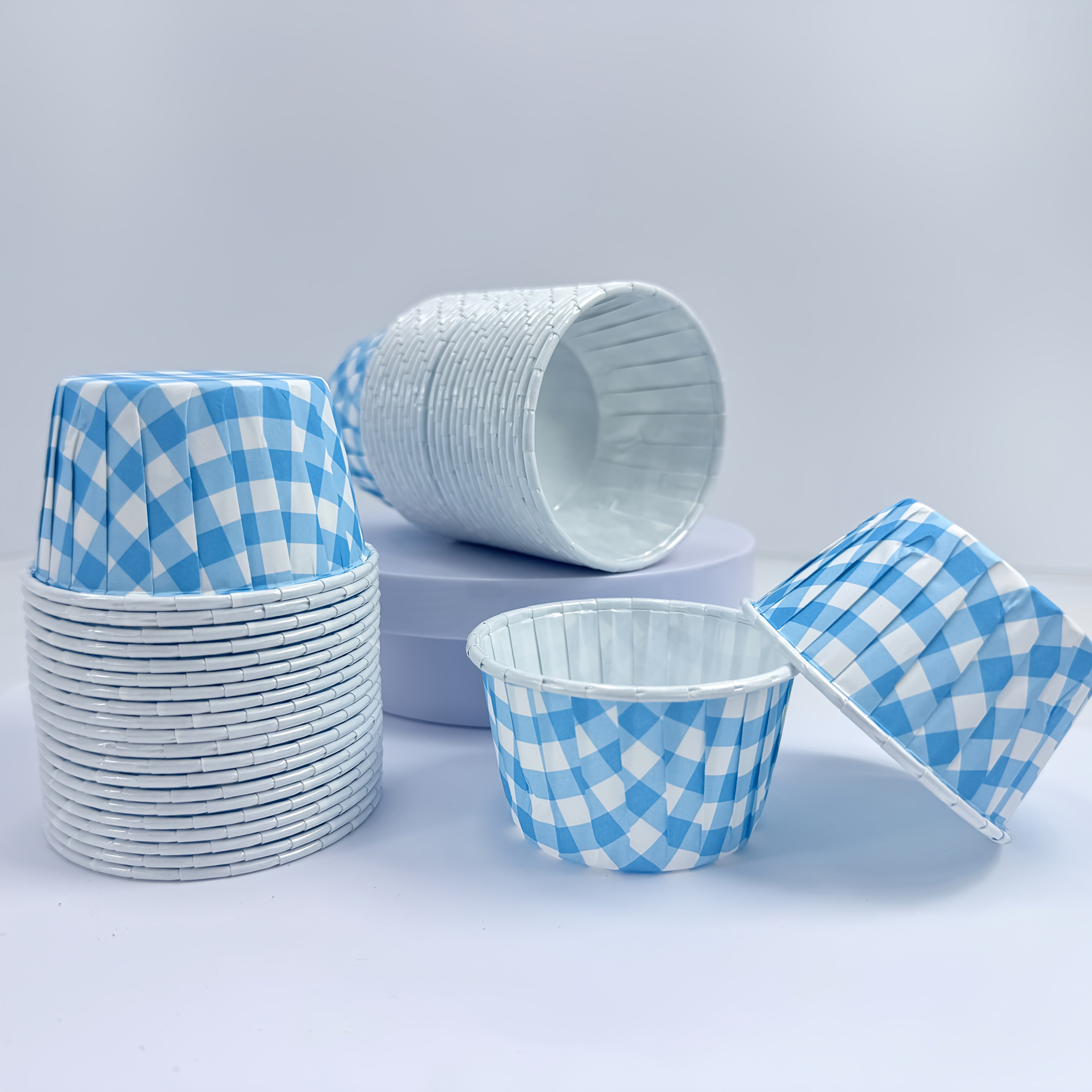 Pack of 48 Checkered Cake Cups - Available in 6 Colors, Coated and Oil-proof Thickened with or without Lid - Suitable for Weddings, Pies, Picnics and Dessert Shows