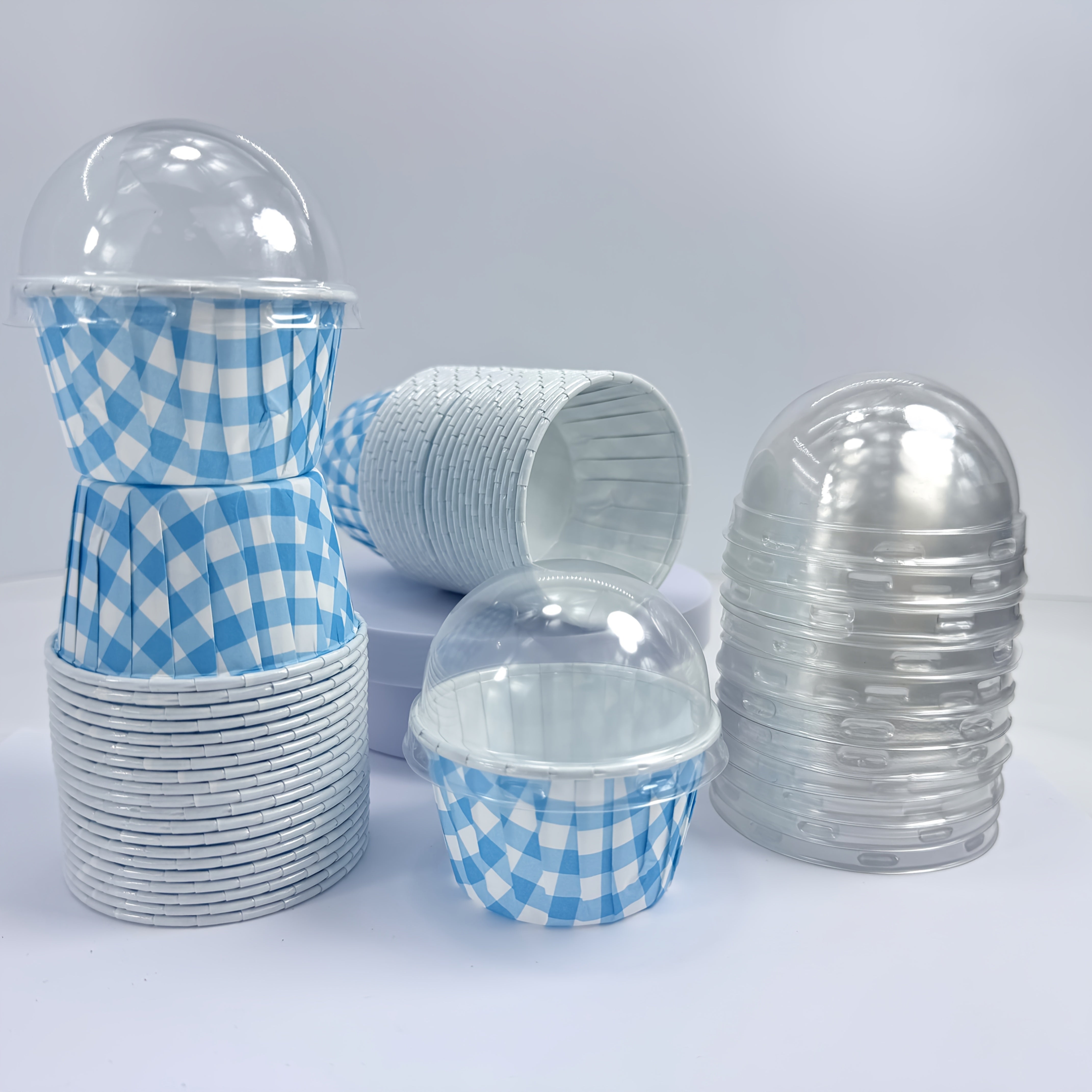 Pack of 48 Checkered Cake Cups - Available in 6 Colors, Coated and Oil-proof Thickened with or without Lid - Suitable for Weddings, Pies, Picnics and Dessert Shows