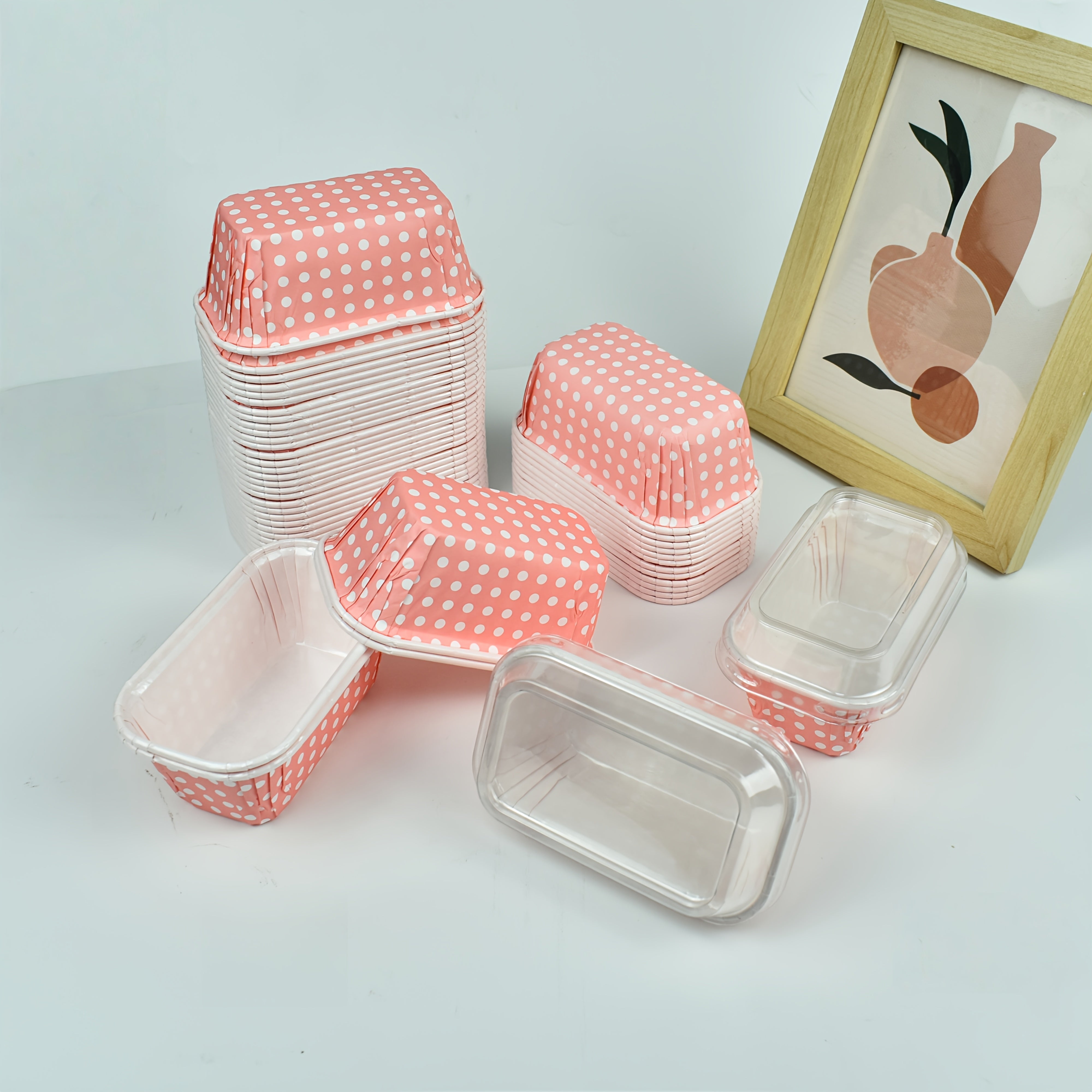 (50 cake cups or 50 cake cups + 50 lids), rectangular pink polka dots, suitable for weddings, birthdays, parties and special events - baking and dessert display, thick and heat-resistant, microwave-heated
