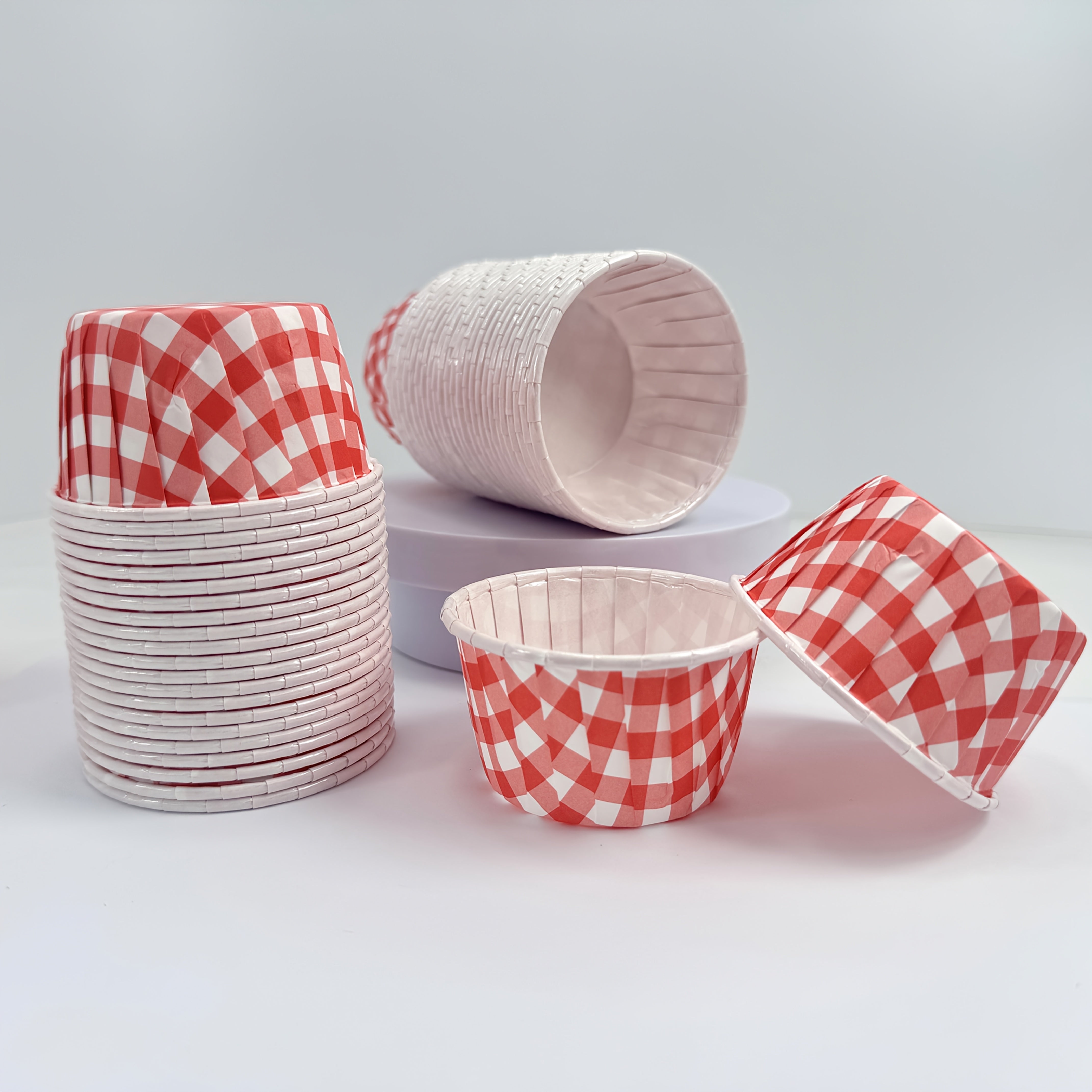 Pack of 48 Checkered Cake Cups - Available in 6 Colors, Coated and Oil-proof Thickened with or without Lid - Suitable for Weddings, Pies, Picnics and Dessert Shows