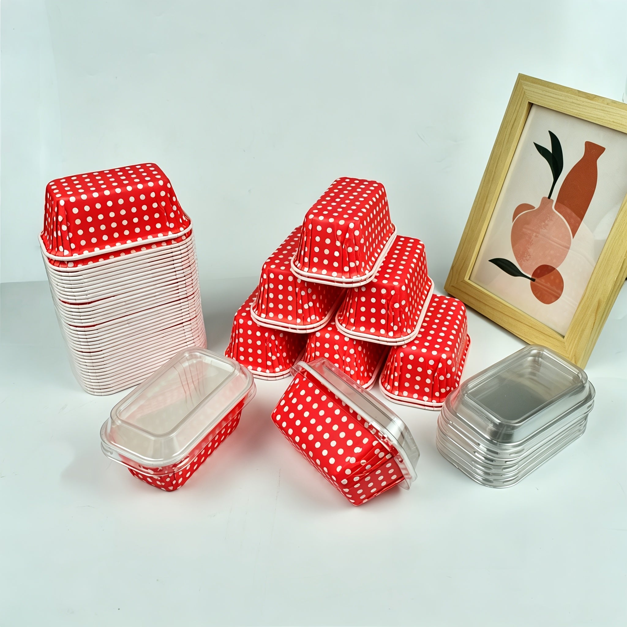 [50 Cake Cups or 50 Cake Cups + 50 Lid] - Rectangle Red Dot Thickened, Heat Resistant Microwave Heated Cake Holder, Muffin Mold, Curled Edge Cake Cups for Holiday Events Parties, Weddings and Birthdays Parties, Disposable Muffin Cake Cupware