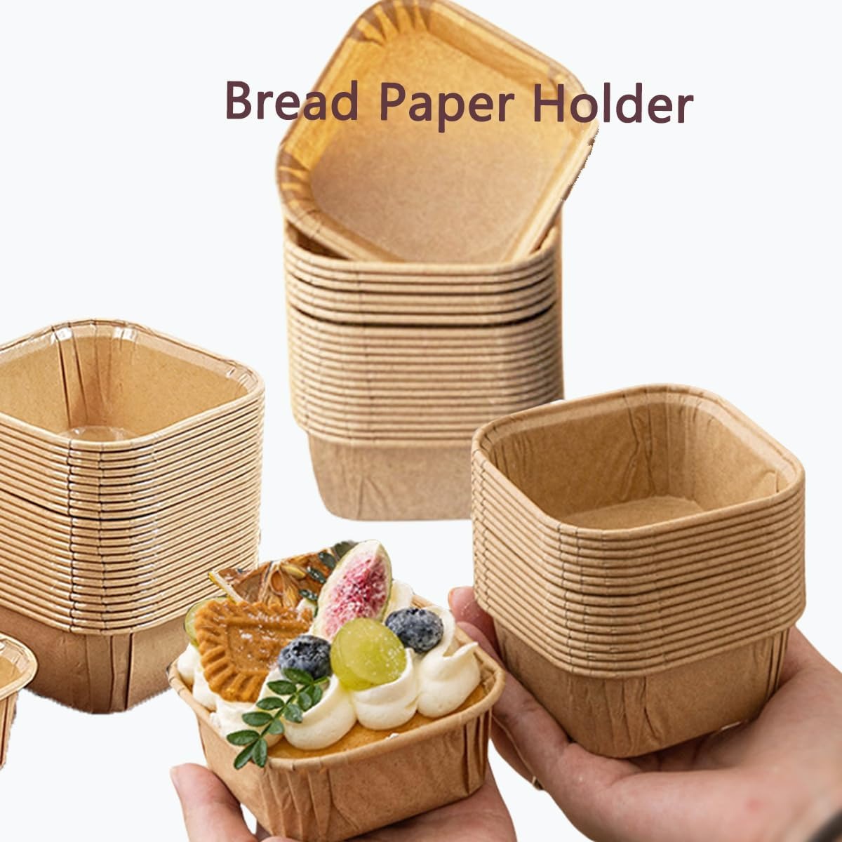 100 paper cake cups for baking, paper cup Kraft paper bread mold, paper baking bread mold for display, wedding and birthday supplies (square)