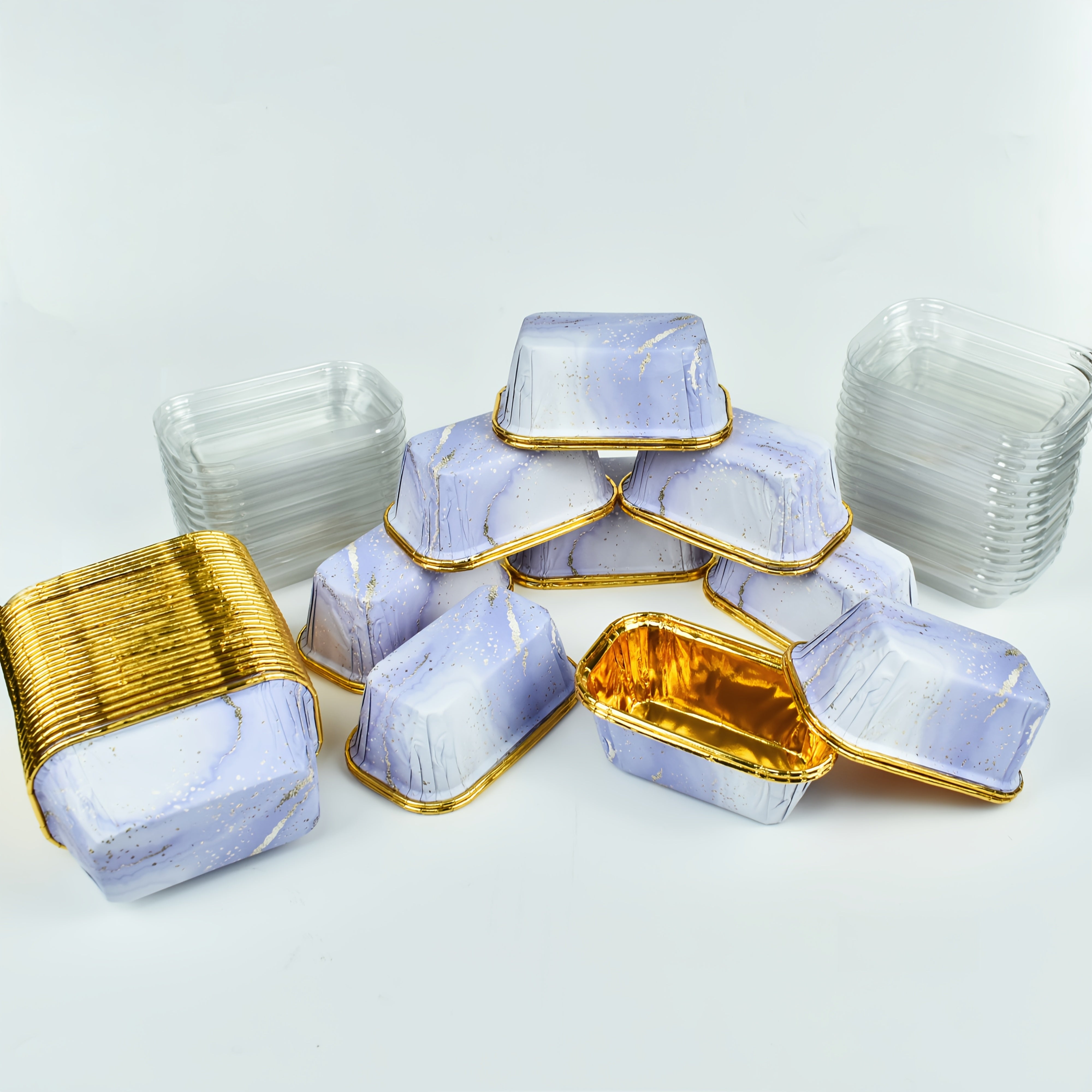50 cake cups or 50 cake cups + 50 lids, rectangular marble purple pattern, food grade contact material, thickened oil-proof, disposable oven tool, high temperature resistant microwave-heated bread mold paper cup