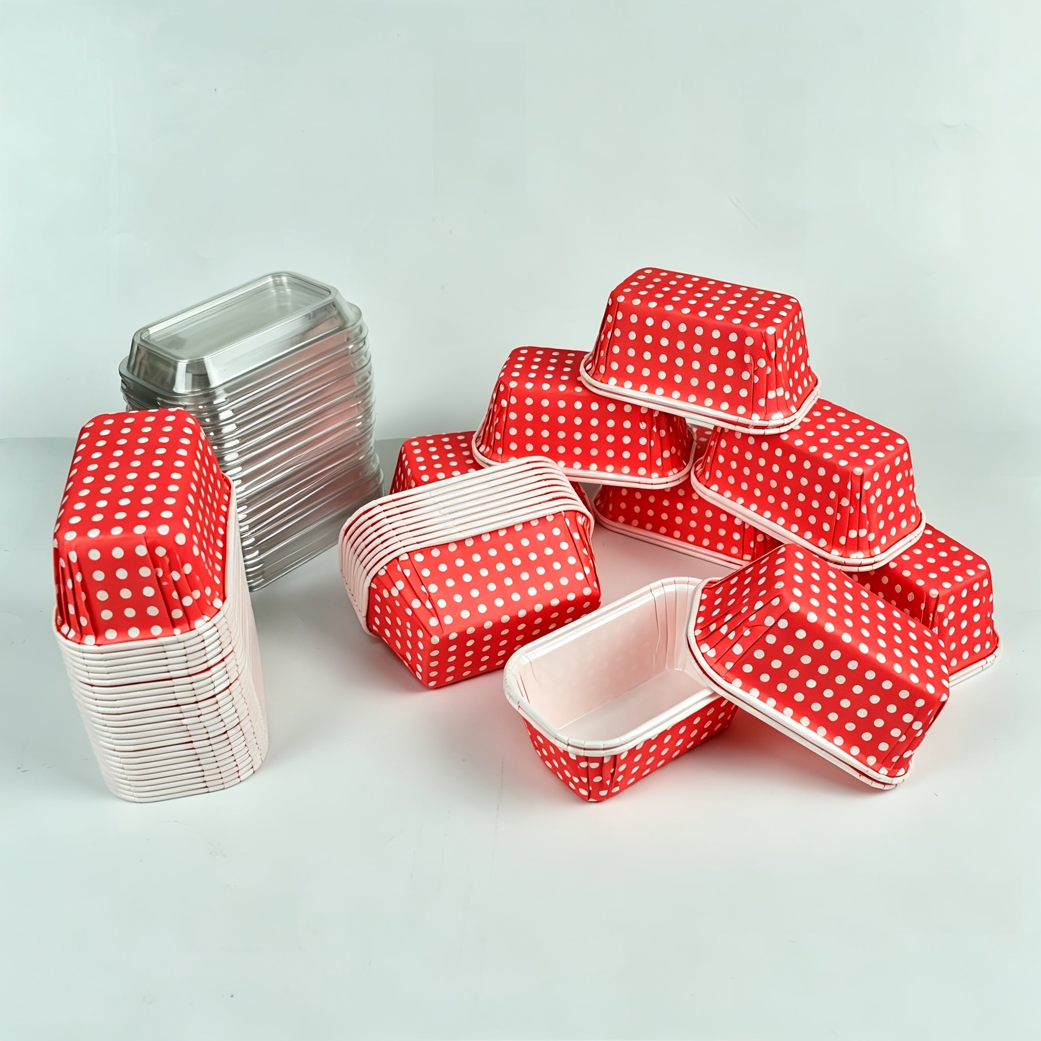 [50 Cake Cups or 50 Cake Cups + 50 Lid] - Rectangle Red Dot Thickened, Heat Resistant Microwave Heated Cake Holder, Muffin Mold, Curled Edge Cake Cups for Holiday Events Parties, Weddings and Birthdays Parties, Disposable Muffin Cake Cupware