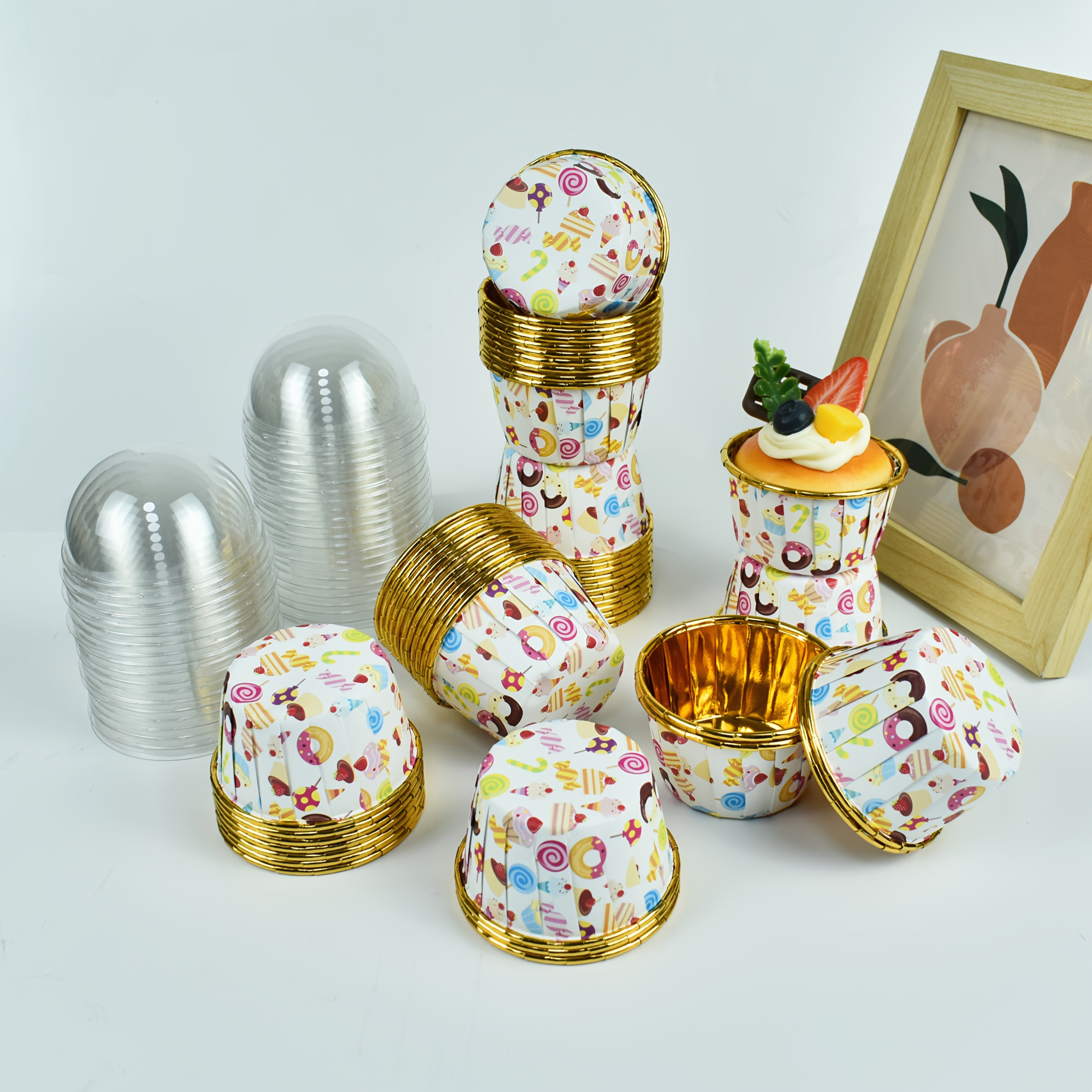 [50 Cake Cups or 50 Cake Cups + 50 Lid] - Candy Pattern, Food Grade Oil Resistant, New Cake Cups, Heat Resistant Microwave Heated Cake Holder, Muffin Mold, Curling Cake Cups, Weddings and Birthday Parties