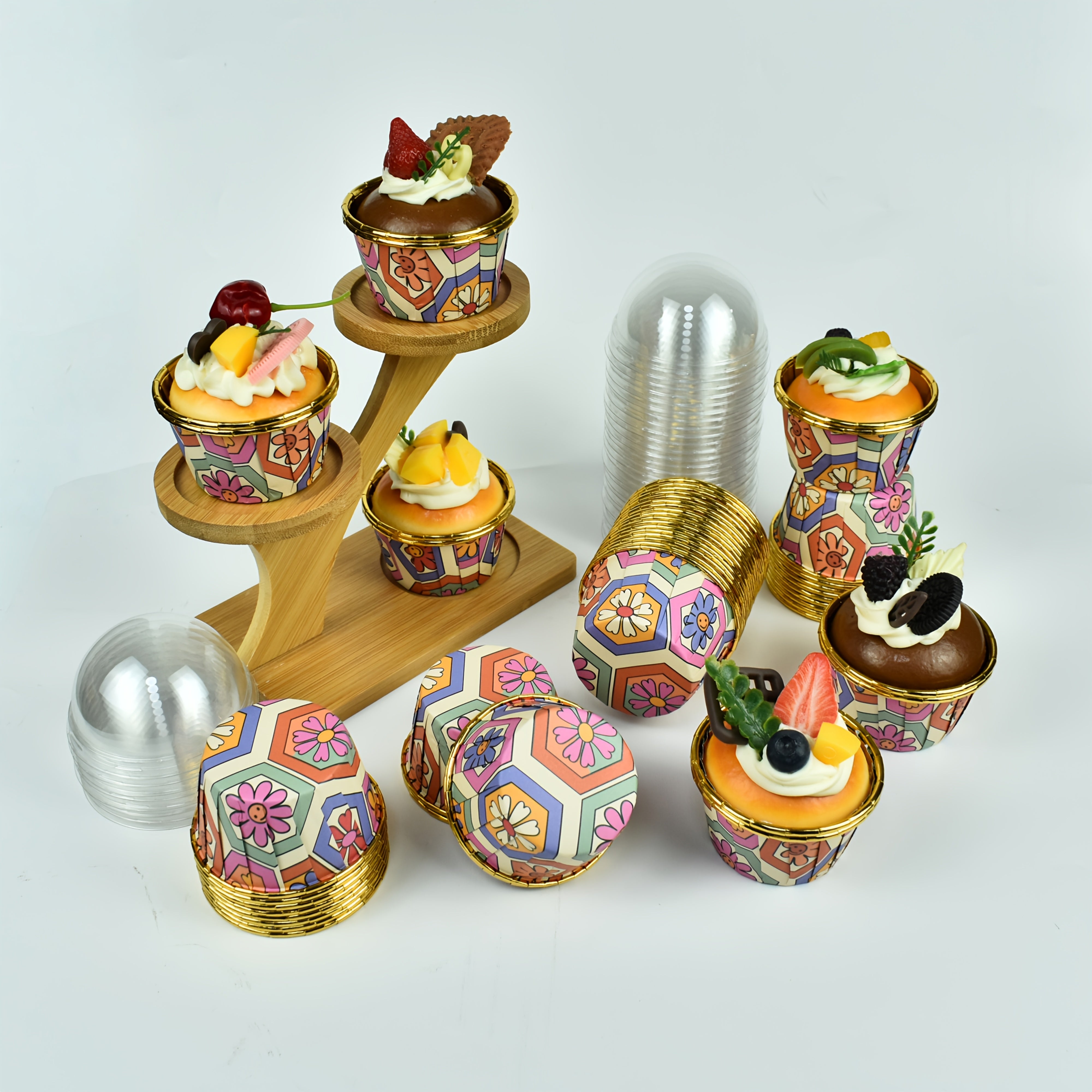 (50 Cake Cups or 50 Cake Cups + 50 Lid) - Food Grade Cake Cupholder | Exquisite Floral Design | Suitable for Parties, Weddings, Baking and Dessert Displays, Curling Baking Moulds, High-end Cake Rack Pads