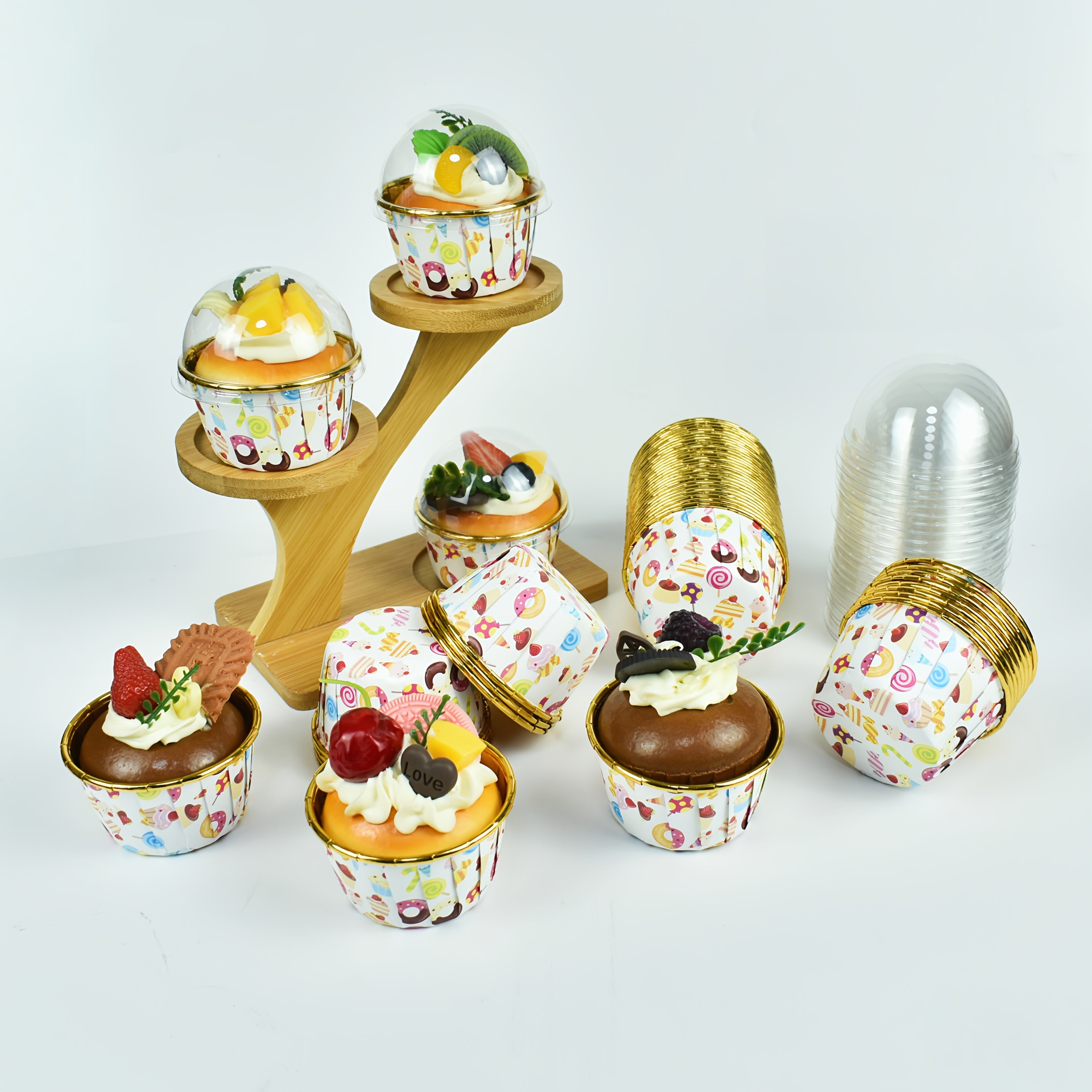 [50 Cake Cups or 50 Cake Cups + 50 Lid] - Candy Pattern, Food Grade Oil Resistant, New Cake Cups, Heat Resistant Microwave Heated Cake Holder, Muffin Mold, Curling Cake Cups, Weddings and Birthday Parties