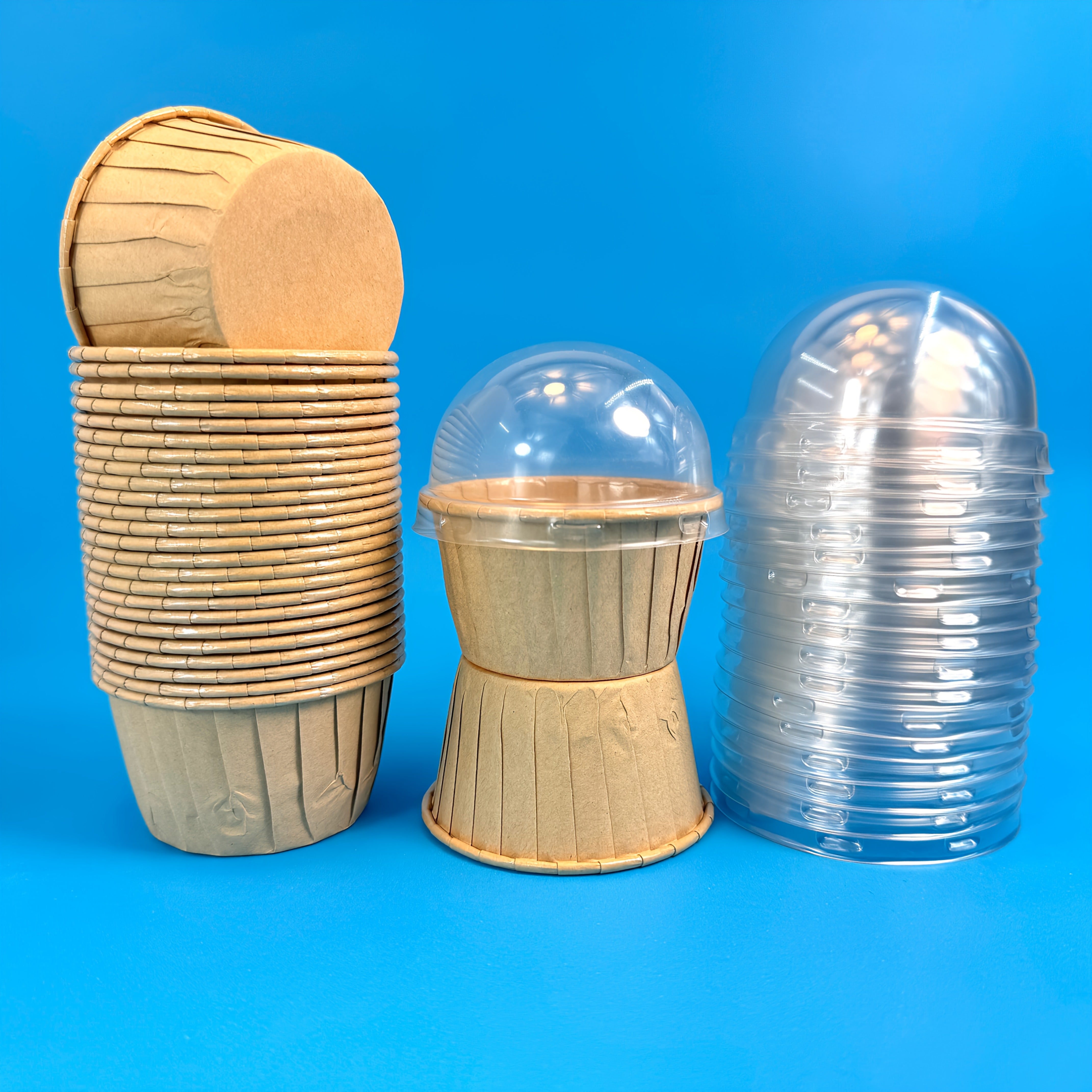Pack of 50 Laminated Cake Cups (Available with or without Lid) - Oil and Waterproof Disposable Muffin Cups for Cakes, Desserts, Ice Cream, Snacks, Salads, Nuts, Popcorn, Candies and Party Snacks - Oven and Microwave Available, White & Kraft Paper