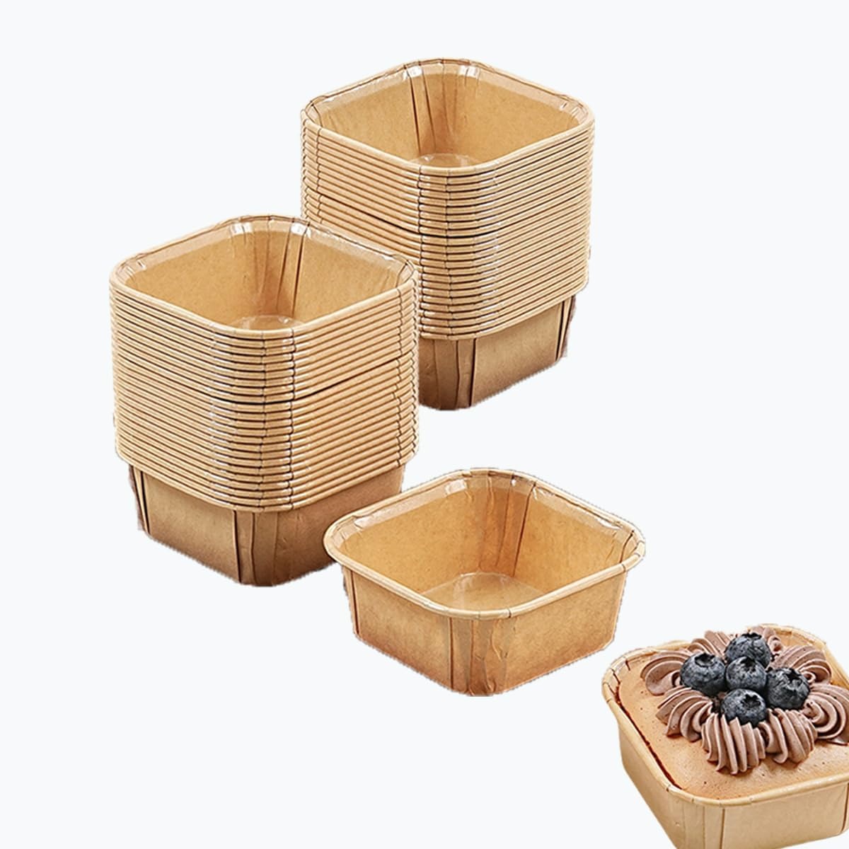 100 paper cake cups for baking, paper cup Kraft paper bread mold, paper baking bread mold for display, wedding and birthday supplies (square)