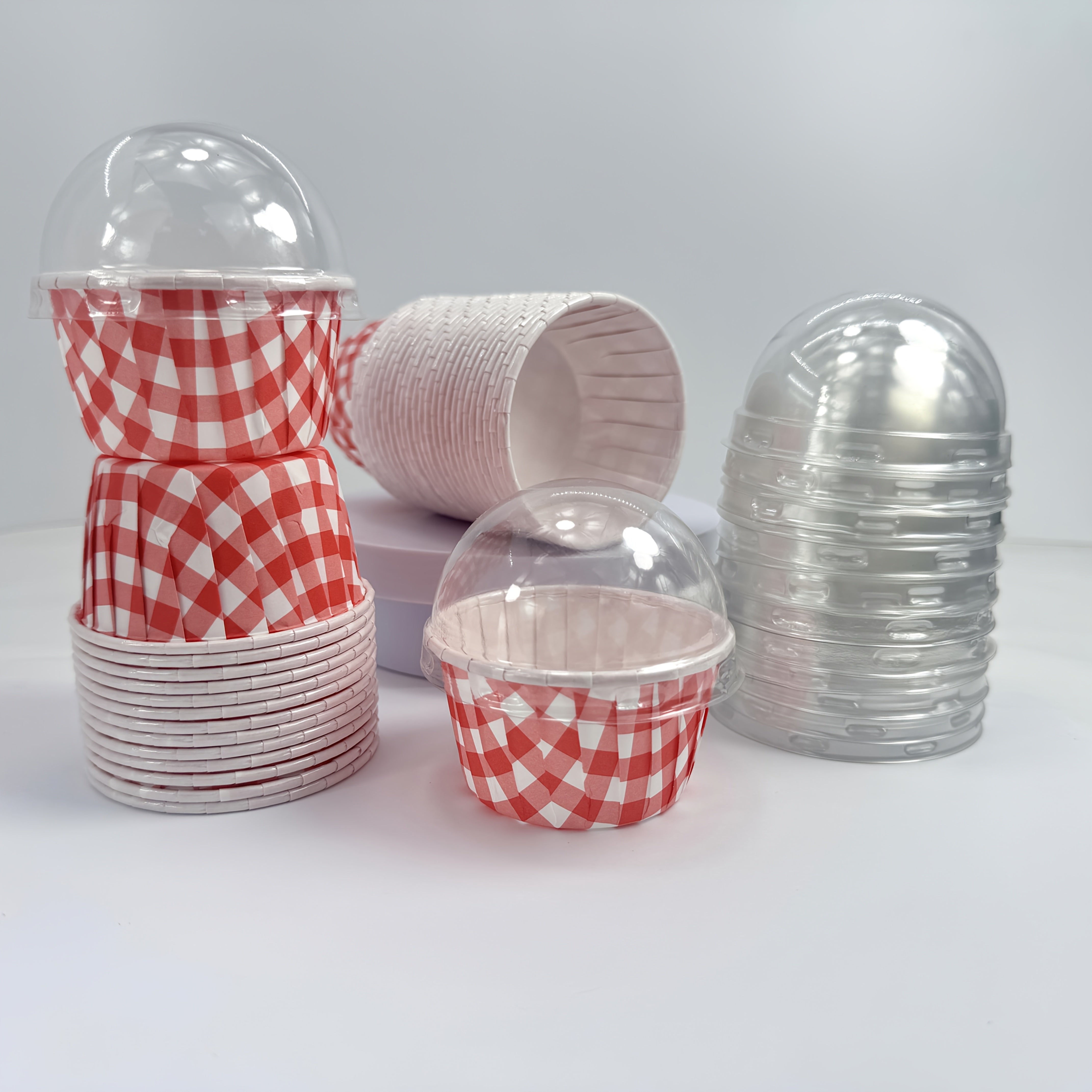 Pack of 48 Checkered Cake Cups - Available in 6 Colors, Coated and Oil-proof Thickened with or without Lid - Suitable for Weddings, Pies, Picnics and Dessert Shows