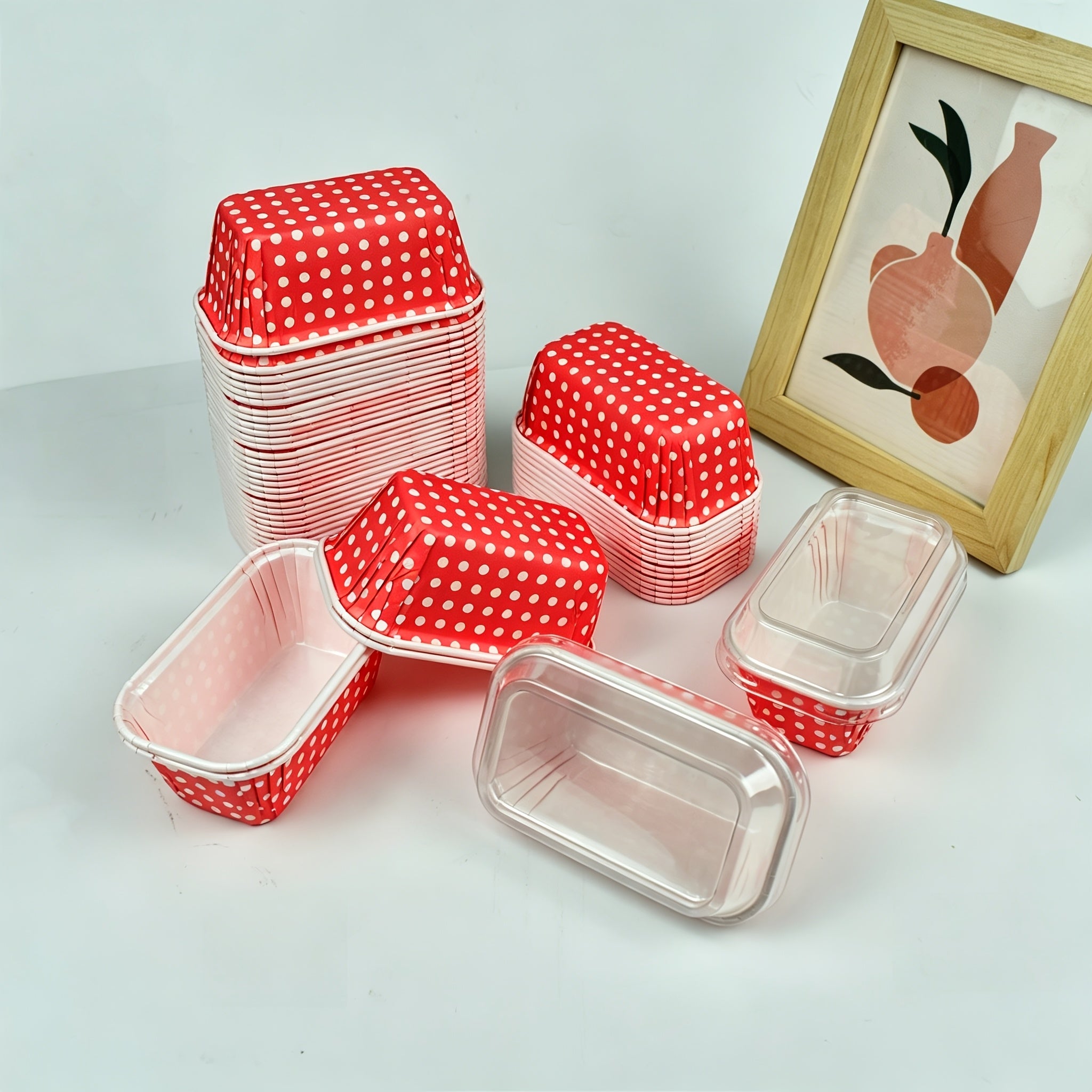 [50 Cake Cups or 50 Cake Cups + 50 Lid] - Rectangle Red Dot Thickened, Heat Resistant Microwave Heated Cake Holder, Muffin Mold, Curled Edge Cake Cups for Holiday Events Parties, Weddings and Birthdays Parties, Disposable Muffin Cake Cupware